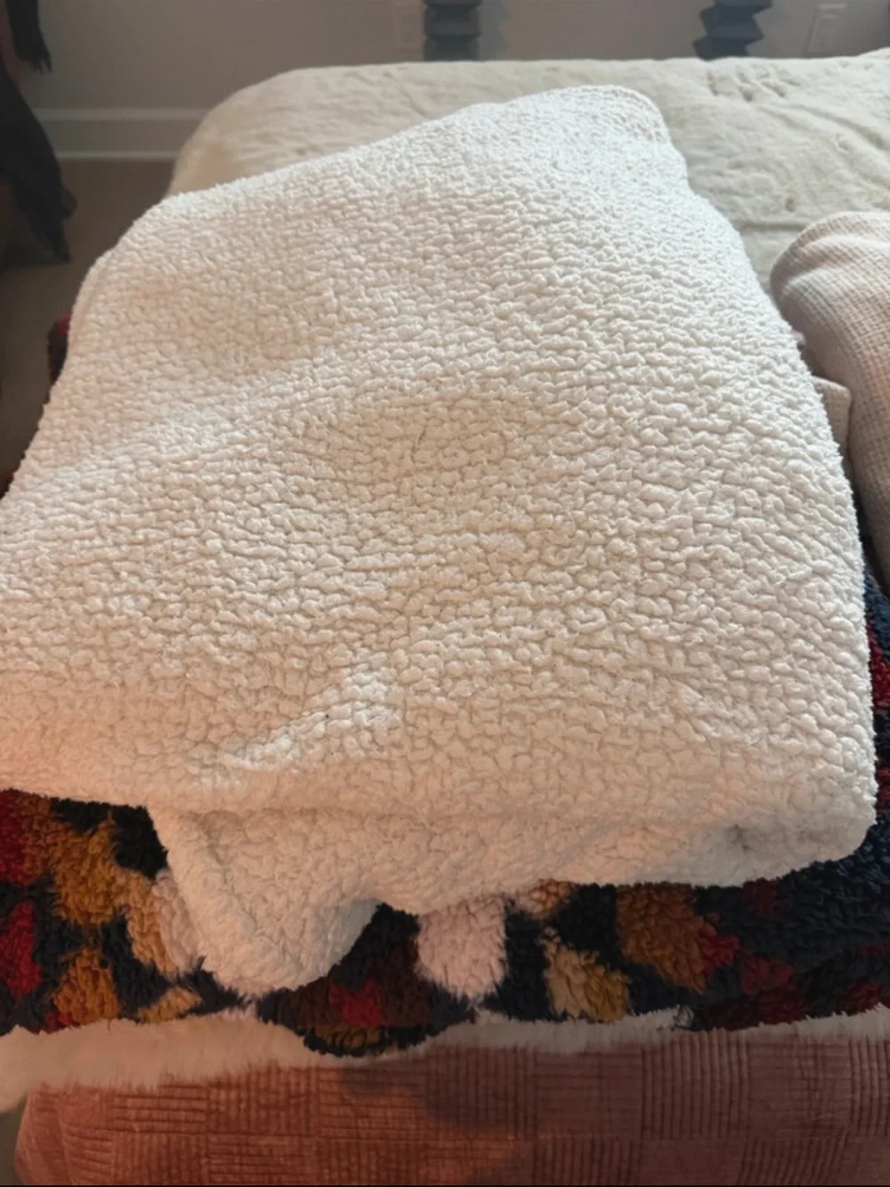 Cozy Home Accents Navy & Multicolor Sherpa Throw Blanket & white one. 2 blankets